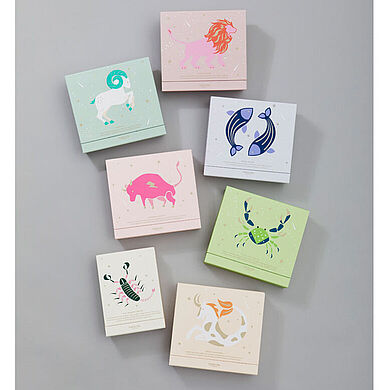 Hübsch illustrierte Geschenk-Boxen zeigen ausgewählte Sternzeichen und sind mit nachhaltigen Produkten von Maria Nila gefüllt